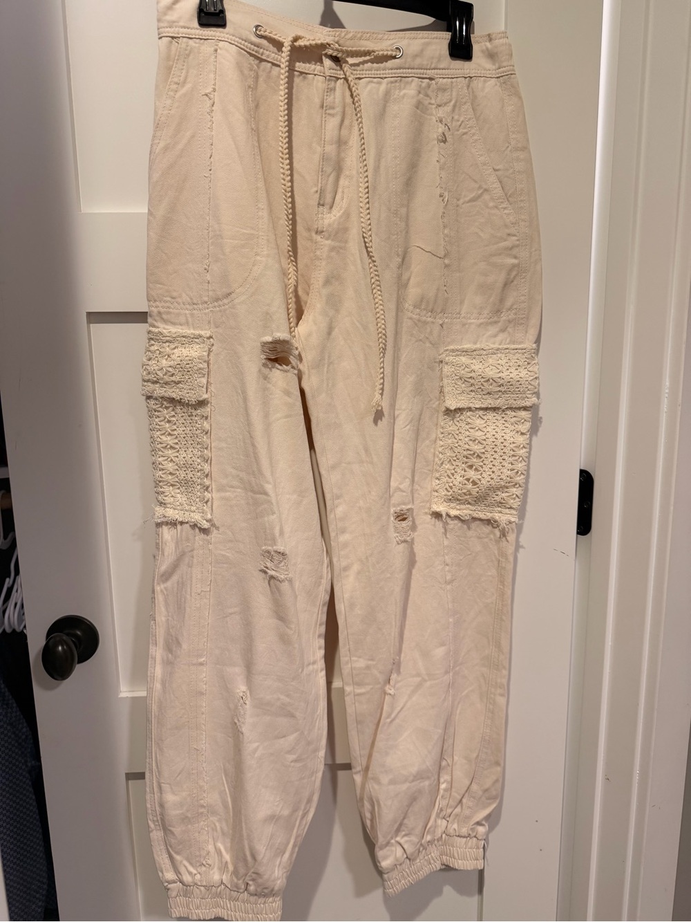 POL Cream Cargo Jogger Pants - Drawstring Waist, Pocket Details with Distressing